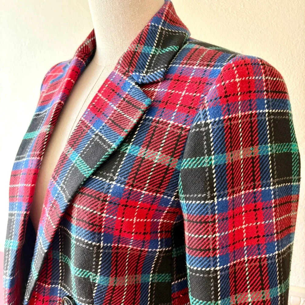 New Talbots Petite Tartan Plaid Sequin Wool Blend Double Breasted Open Blazer 2P